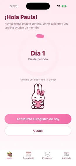 Pantalla de inicio de Bloom con la conejita y el registro en un toque