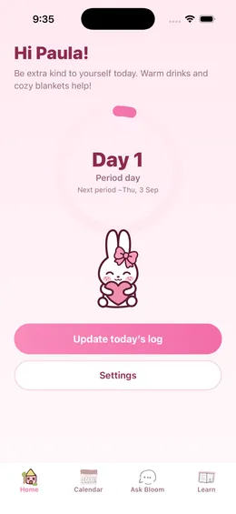 Bloom home screen with the bunny mascot and one-tap logging