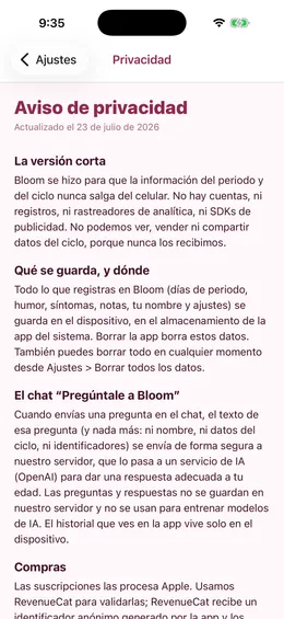 Pantalla de privacidad de Bloom con el código secreto opcional