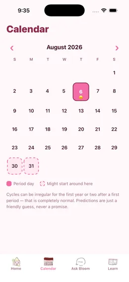Bloom calendar with gentle period predictions