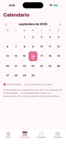 Calendario de Bloom con predicciones suaves del periodo