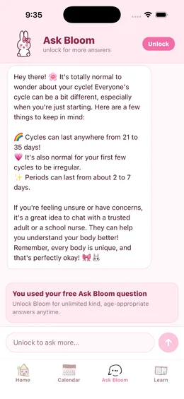 Ask Bloom AI chat answering period questions in kind words