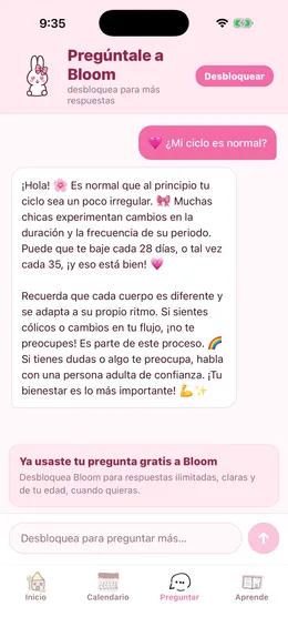 Chat Pregúntale a Bloom respondiendo dudas del periodo con cariño