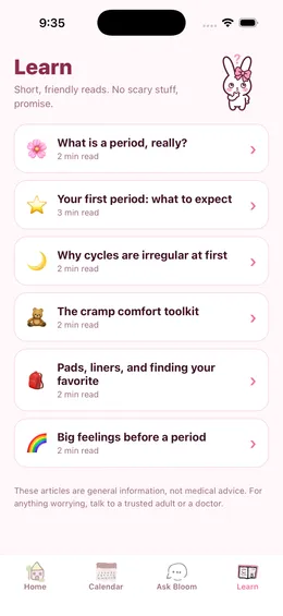 Bloom Learn tab with short friendly articles about periods